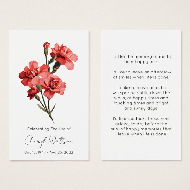 Tarjeta de oración memorial fúnebre de clavel simp (Anverso y reverso)
