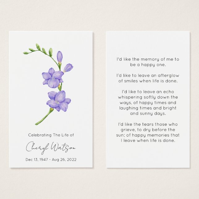Tarjeta de oración memorial fúnebre de Freesia sim (Anverso y reverso)