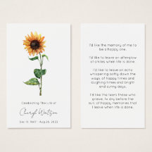 Tarjeta de oración memorial fúnebre de girasol sim