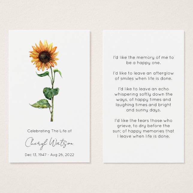 Tarjeta de oración memorial fúnebre de girasol sim (Anverso y reverso)