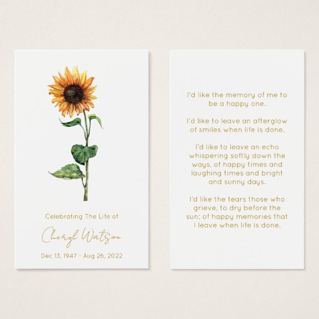 Tarjeta de oración memorial fúnebre de girasol sim (Anverso y reverso)