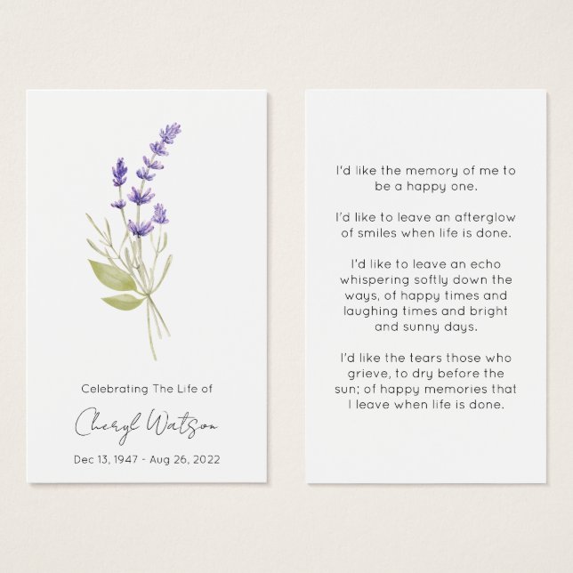 Tarjeta de oración memorial fúnebre de lavanda sim (Anverso y reverso)