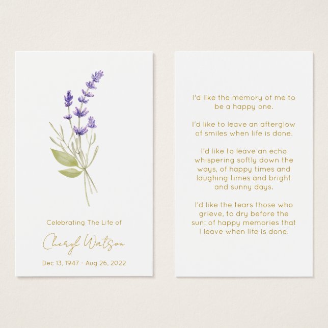 Tarjeta de oración memorial fúnebre de lavanda sim (Anverso y reverso)