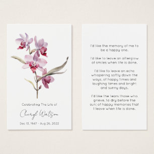 Tarjeta de oración memorial fúnebre de orquídea si