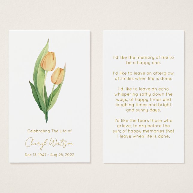 Tarjeta de oración memorial fúnebre de tulipán sim (Anverso y reverso)