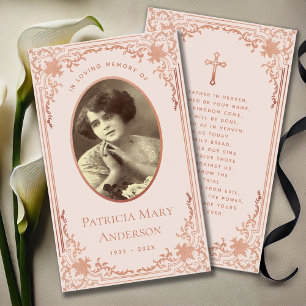 Tarjeta de oración memorial fúnebre rosa dorado co