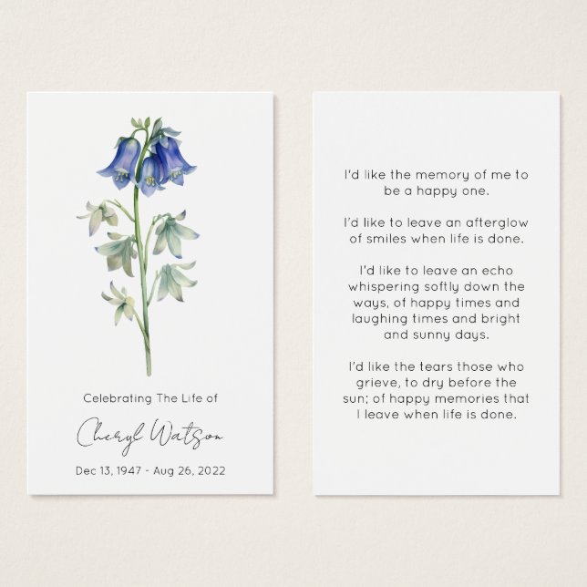 Tarjeta de oración memorial fúnebre Simple Bluebel (Anverso y reverso)
