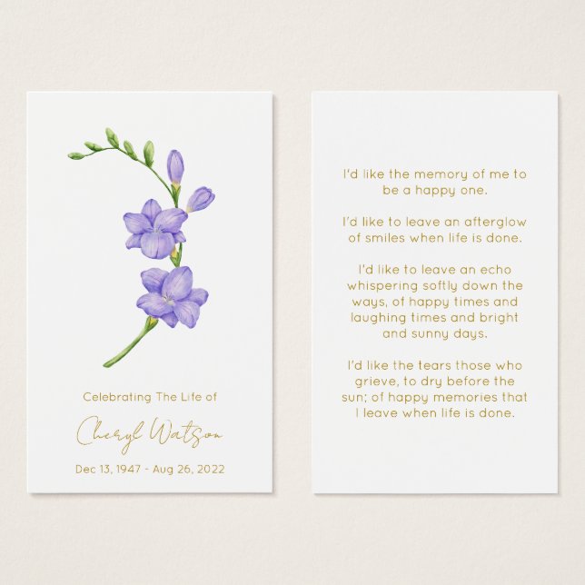 Tarjeta de oración memorial fúnebre simple de Free (Anverso y reverso)