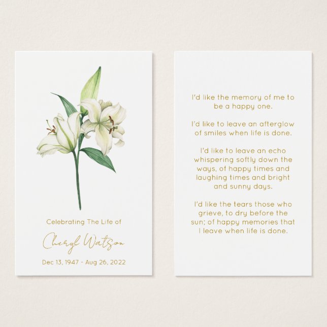 Tarjeta de oración memorial fúnebre Simple Lily (Anverso y reverso)