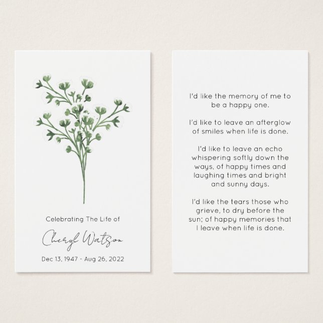 Tarjeta de oración memorial funeral Simple Baby's  (Anverso y reverso)