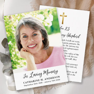 Tarjeta de oración memorial simple con foto y cruz