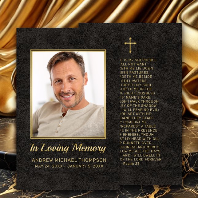 Tarjeta de oración para funerales de foto de oro n (In Loving Memory Black Faux Leather Photo Funeral Card with Gold Cross.)
