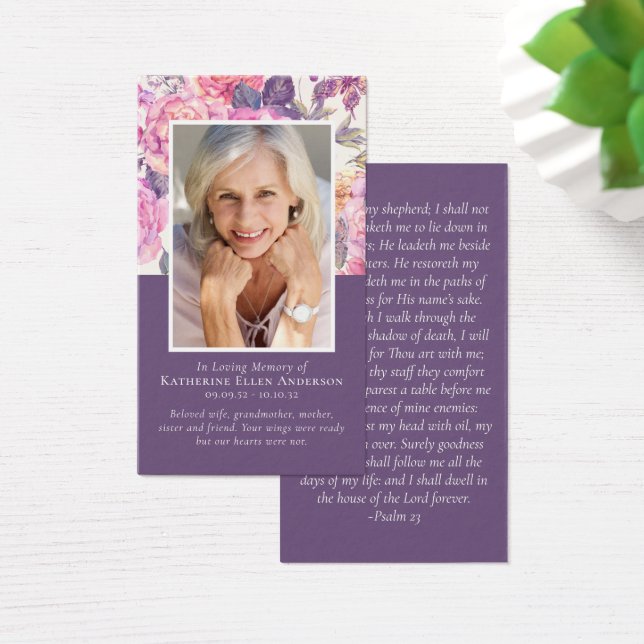 Tarjeta de oración Purple Peony Floral Memorial (Escritorio)