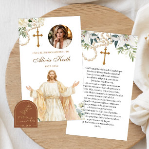 TARJETA DE ORACIÓN Rosario Floral Blanco Jesús Cat
