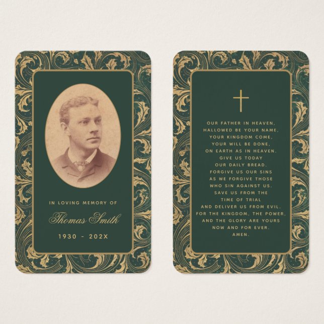 Tarjeta de oración verde memorial de funeral elega (Anverso y reverso)