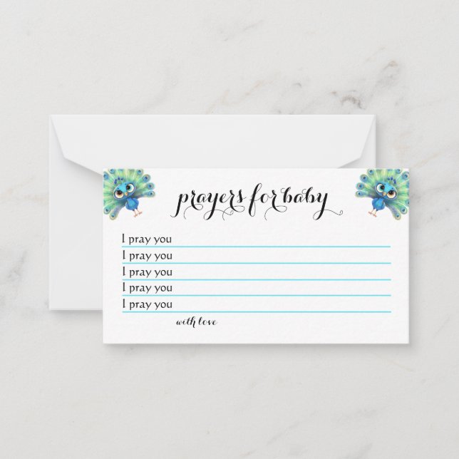 Tarjeta de oraciones de Baby Shower Blue Peacock (Anverso)