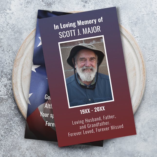 Tarjeta de oraciones de bandera Foto Tarjeta roja  (Flag Prayer Card Photo Ombre Blue Red Card)