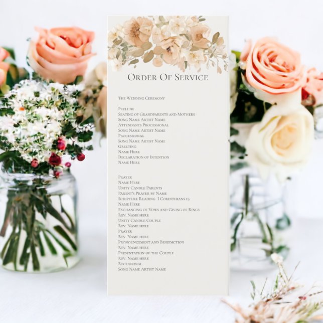 Tarjeta de orden de servicio floral, verde y suave (Muted Green And Peach Floral Order of Service Wedding Cards from Ricaso)