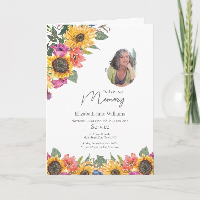 Tarjeta de orden de servicio funeral de girasoles  (Anverso)