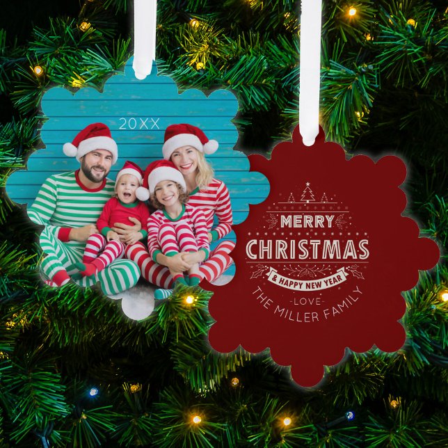 Tarjeta de ornamento de fotos navideñas de Feliz (Merry Christmas and Happy New Year Custom Photo Paper Christmas Tree Ornament)
