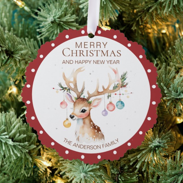 Tarjeta de ornamento de navidad roja de reno acuar (Insitu (árbol))