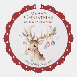 Tarjeta de ornamento de navidad roja de reno acuar