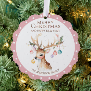 Tarjeta de ornamento de Navidad rosa para renos de