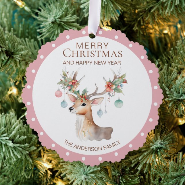 Tarjeta de ornamento de Navidad rosa para renos fl (Insitu (árbol))