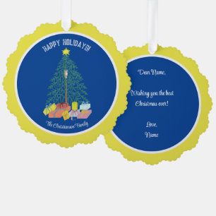 Tarjeta de ornamento de papel azul y amarillo para
