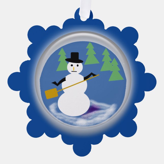 Tarjeta de ornamento - Hombre de nieve trabajando  (Anverso)