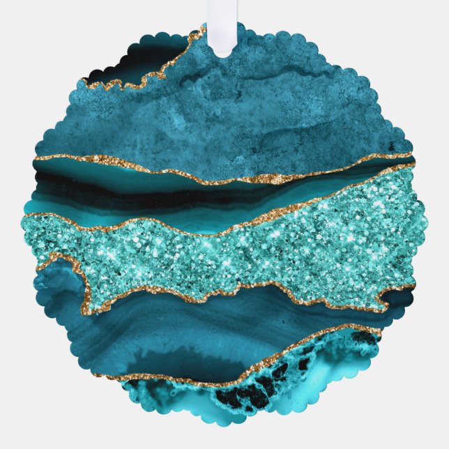 Tarjeta de ornamento navideño turquesa de oro azul (Anverso)