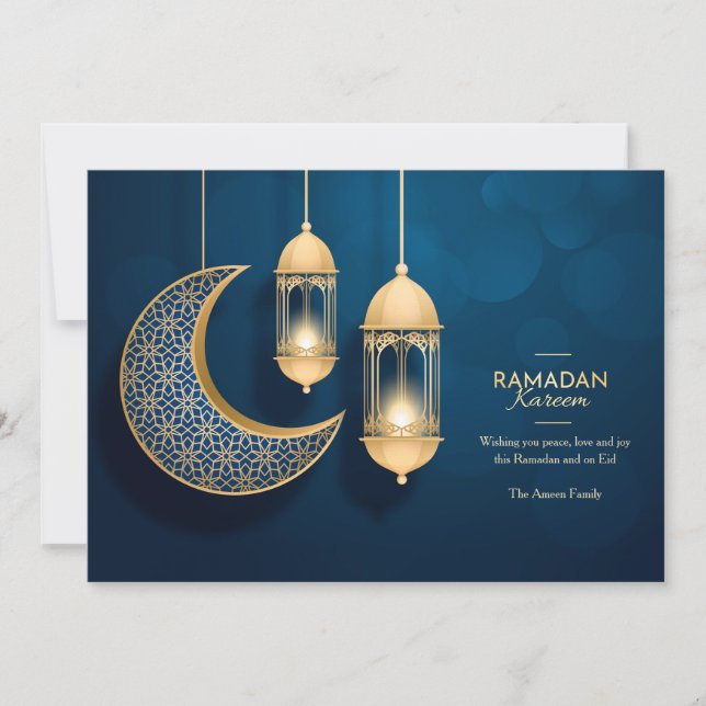 Tarjeta de oro y azul Ramadan Kareem (Anverso)