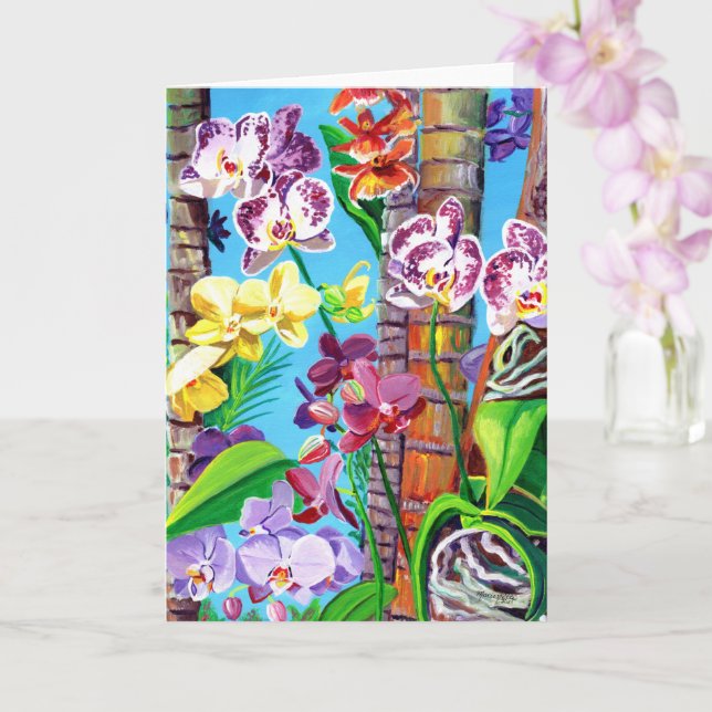 Tarjeta de orquídeas coloridas con palmeras (Orquídea)