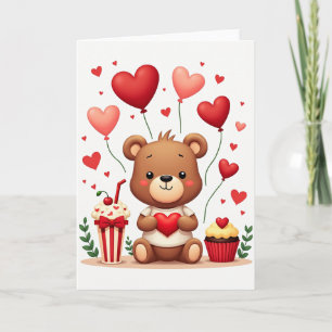 Tarjeta de osito de peluche adorable con corazones