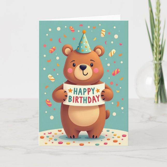 Tarjeta de oso con sombrero de fiesta (Anverso)
