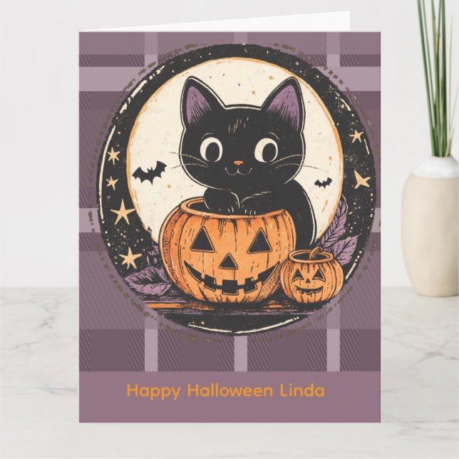 Tarjeta de Otoño de Gato Bonito de Halloween (Anverso)