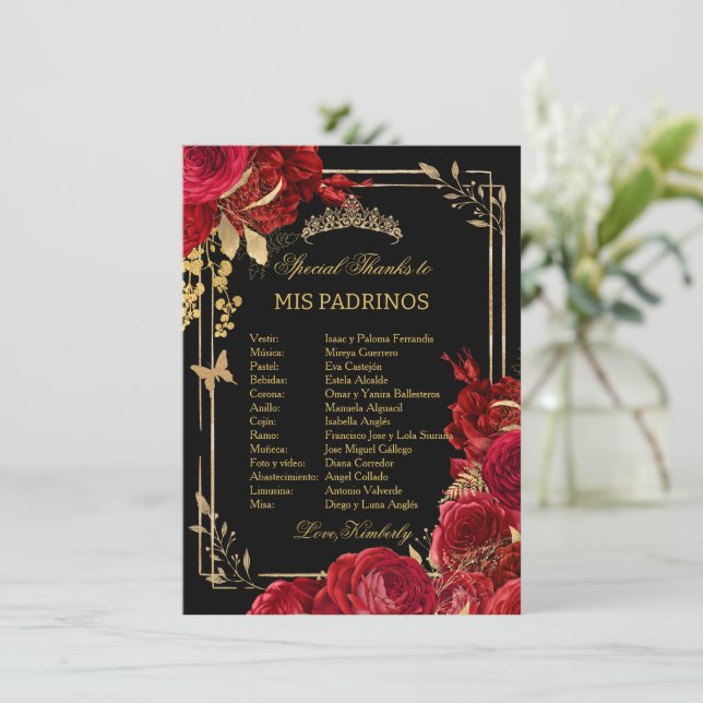 Tarjeta de Padrinos de QUINCEAÑERA con Floral Rosa (Anverso de pie)