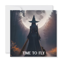 Tarjeta de paisaje de bruja de otoño con gato negr