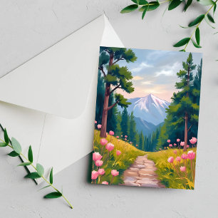 Tarjeta de paisaje floral de senderismo en la mont