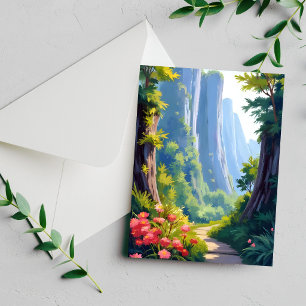 Tarjeta de paisaje verde acuarela de jardín floral