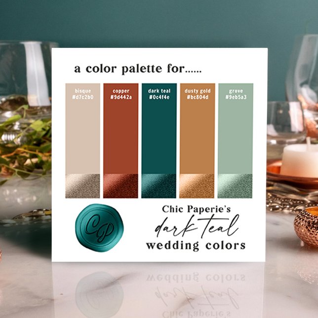 Tarjeta de paleta de color oscura Verde azulada y  (Teal and Copper Wedding Color Palette Swatch Card)