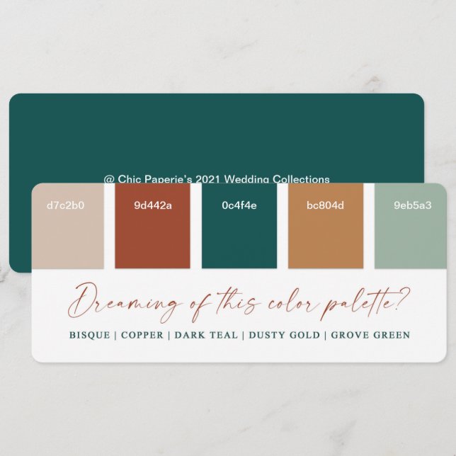 Tarjeta de paleta de colores de boda otoñal en cob (Anverso / Reverso)