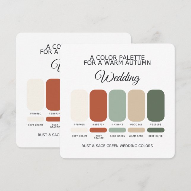 Tarjeta de paleta de colores de boda óxido y verde (Anverso / Reverso)