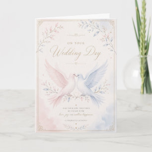 Tarjeta de paloma de boda elegante rosa y azul des