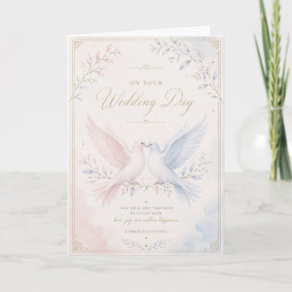 Tarjeta de paloma de boda elegante rosa y azul des