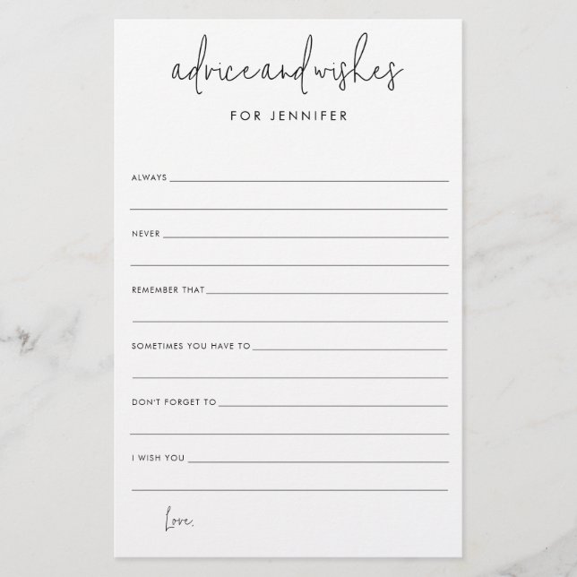 Tarjeta de papel para Bodas de ducha de novia y co (Frente)