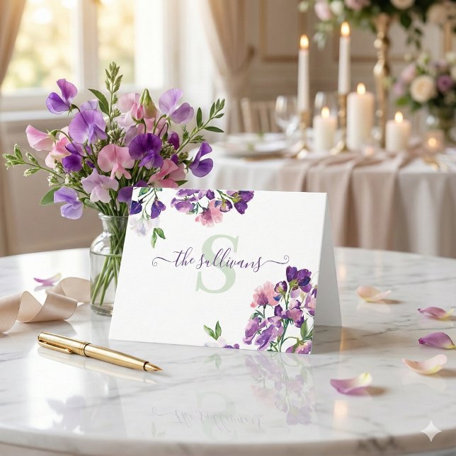 Tarjeta de Papelería de Flor de Guisante Dulce con (These beautiful personalized sweet pea cards would make a wonderful bridal shower or wedding gift! )