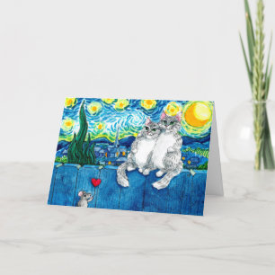 Tarjeta de Pareja de Gato Adorable Van Gogh Noche 