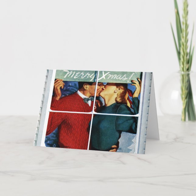 Tarjeta de pareja de Navidades del beso retro (Anverso)