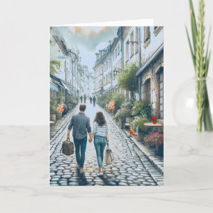 Tarjeta de pareja viajando por Europa